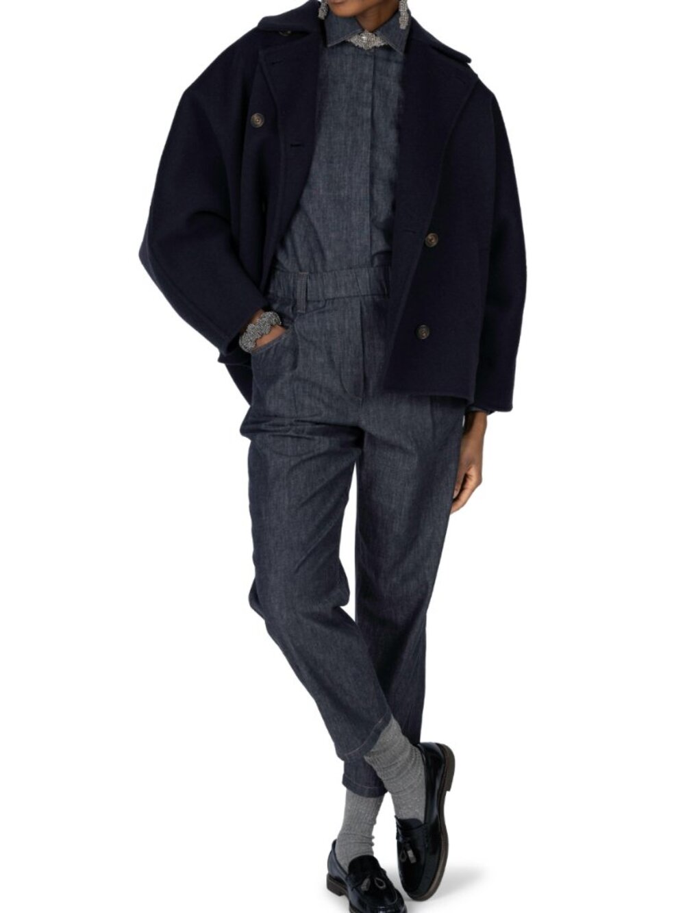 $6495 Brunello Cucinelli Blue Wool Cashmere Short Blazer Jacket size 0-2/IT 36